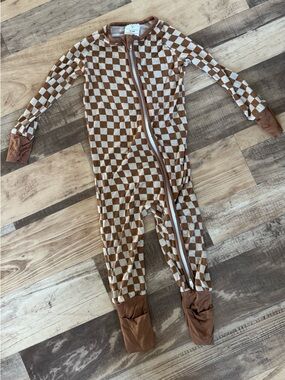 Kids bamboo Brown Checkered One-Piece Zip up Pajamas 24 mo